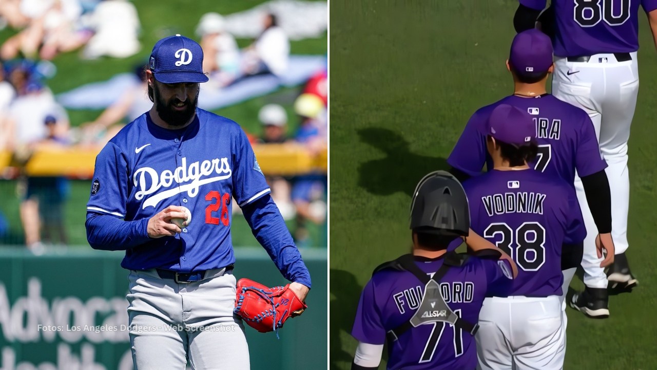Tony Gonsolin y jugadores de Colorado Rockies