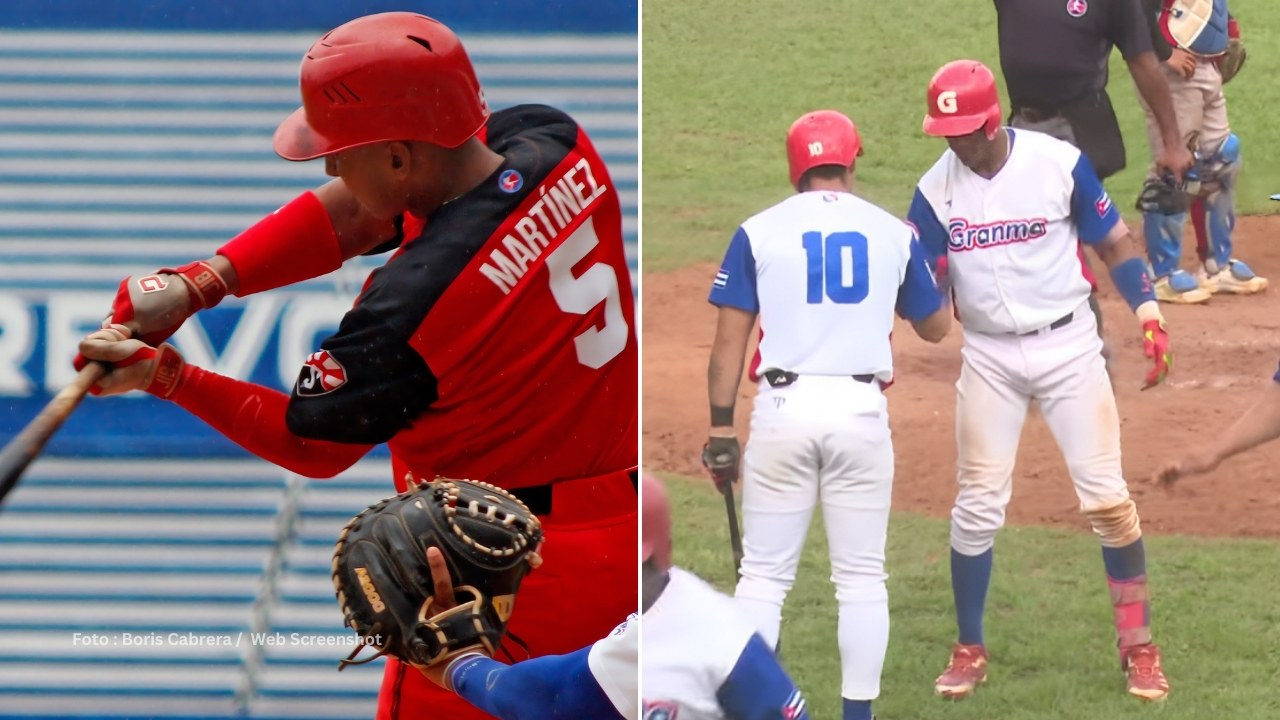 Francisco Martínez bateando y jugadores de Granma celebra victoria