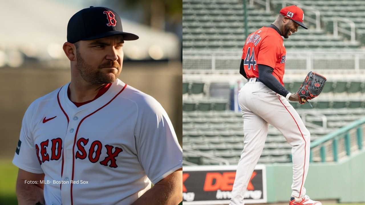 "Aroldis Chapman es el mejor", asegura compañero en Boston Liam Hendriks y Aroldis Chapman con el uniforme de Boston Red Sox