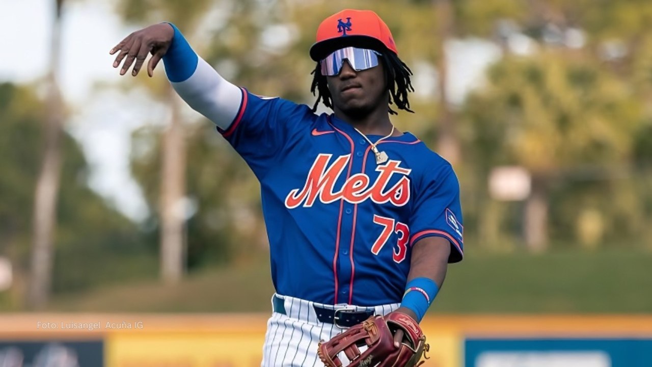 Luisangel Acuña en una practica con New York Mets