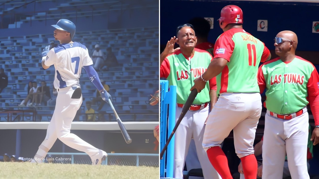 Brandon Pérez y jugadores de Las Tunas celebrando un jonrón de Yosvani Alarcón