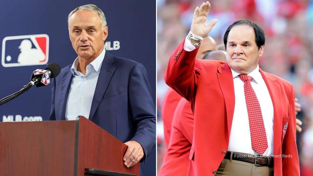 Rob Manfred en una conferencia y Pete Rose en una ceremonia
