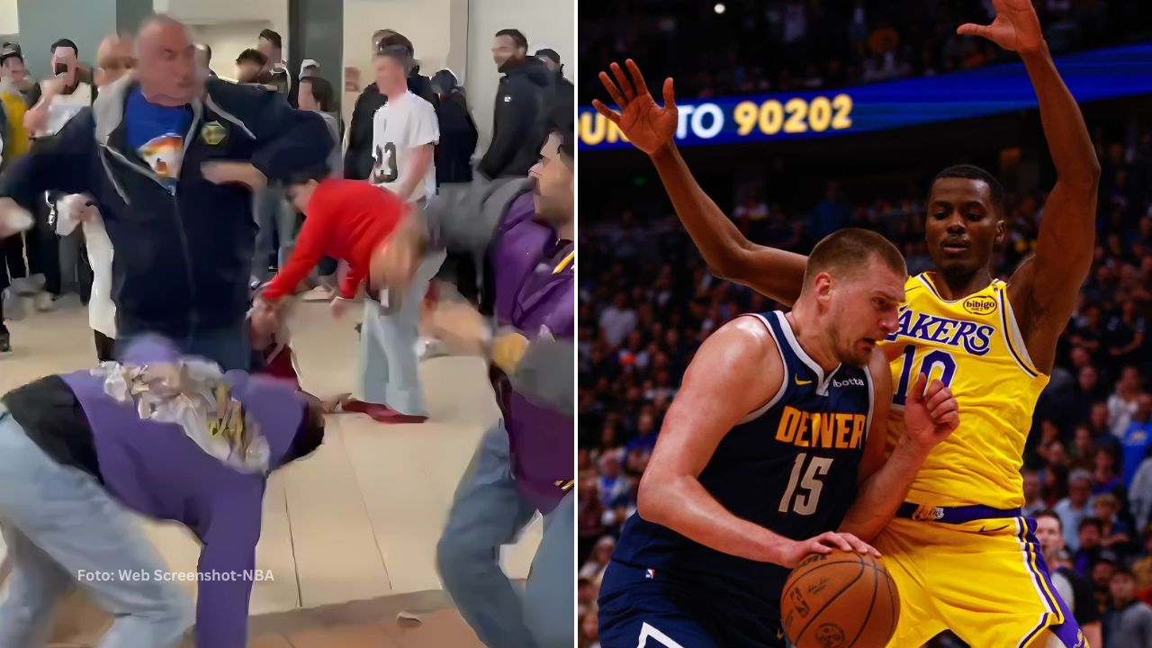 Al principio del audiovisual se puede observar como un hombre se va encima de un aficionado de Los Angeles Lakers.