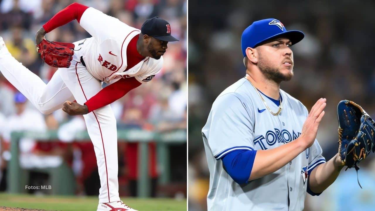 Aroldis Chapman lanzando con Boston Red Sox y Yariel Rodriguez con Toronto Blue Jays