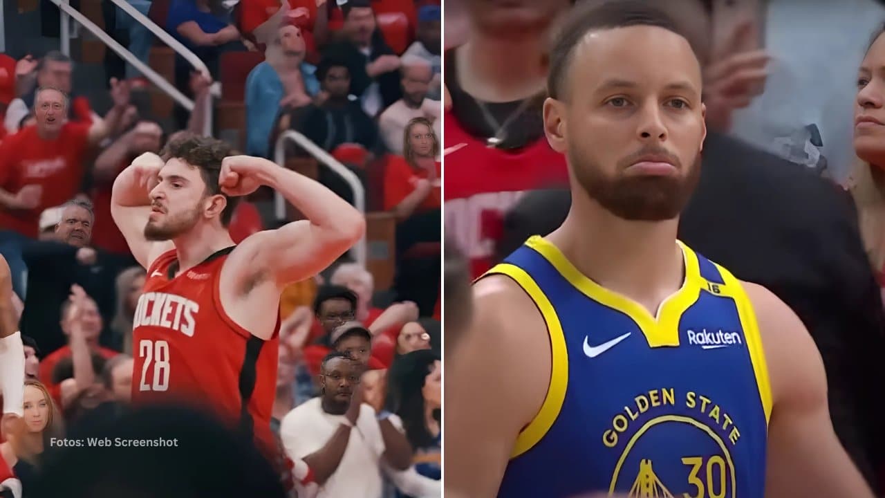 Alperen Şengün celebrando la victoria y Stephen Curry serie con Golden State Warriors