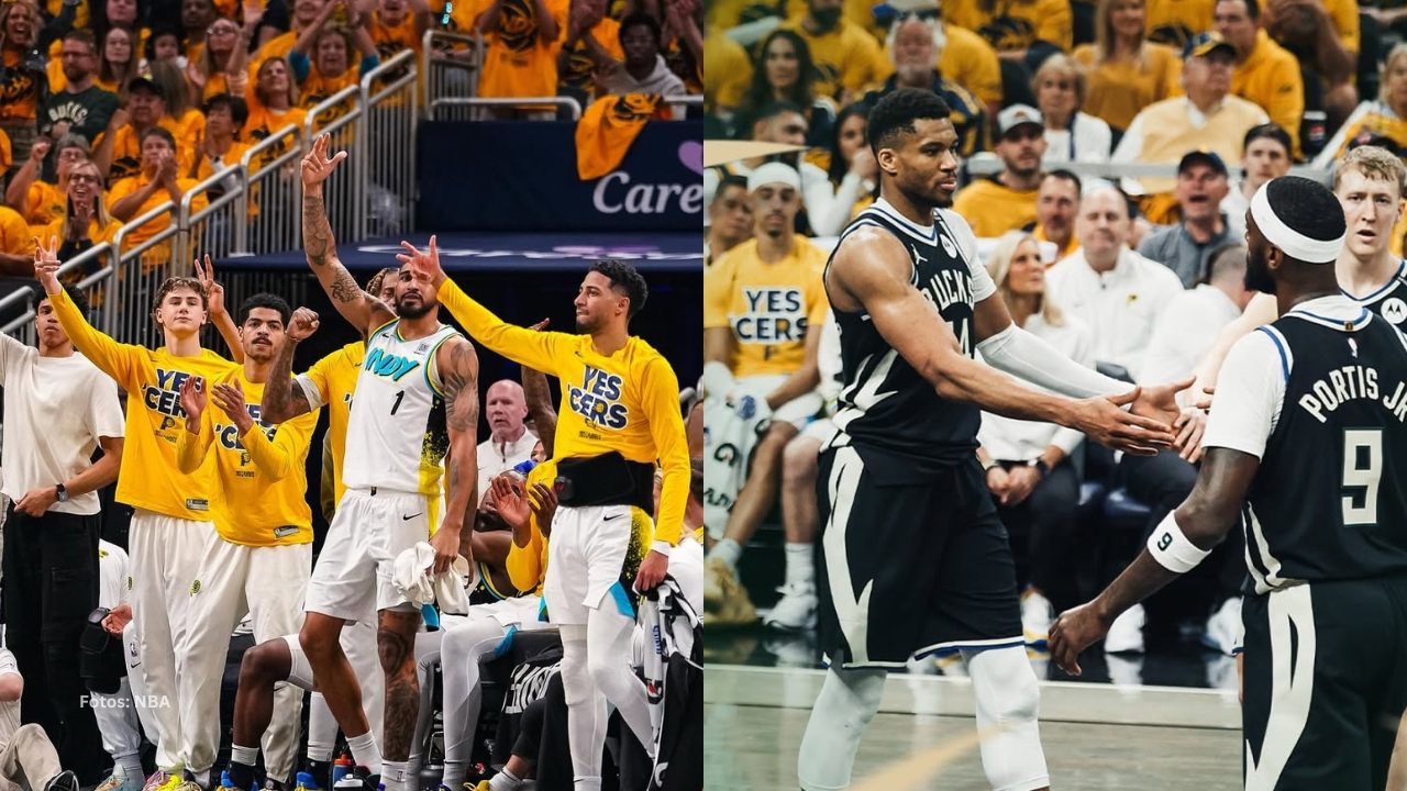 Jugadores de Indiana Pacers celebrando y Giannis Antetokounmpo saludando a sus compañeros