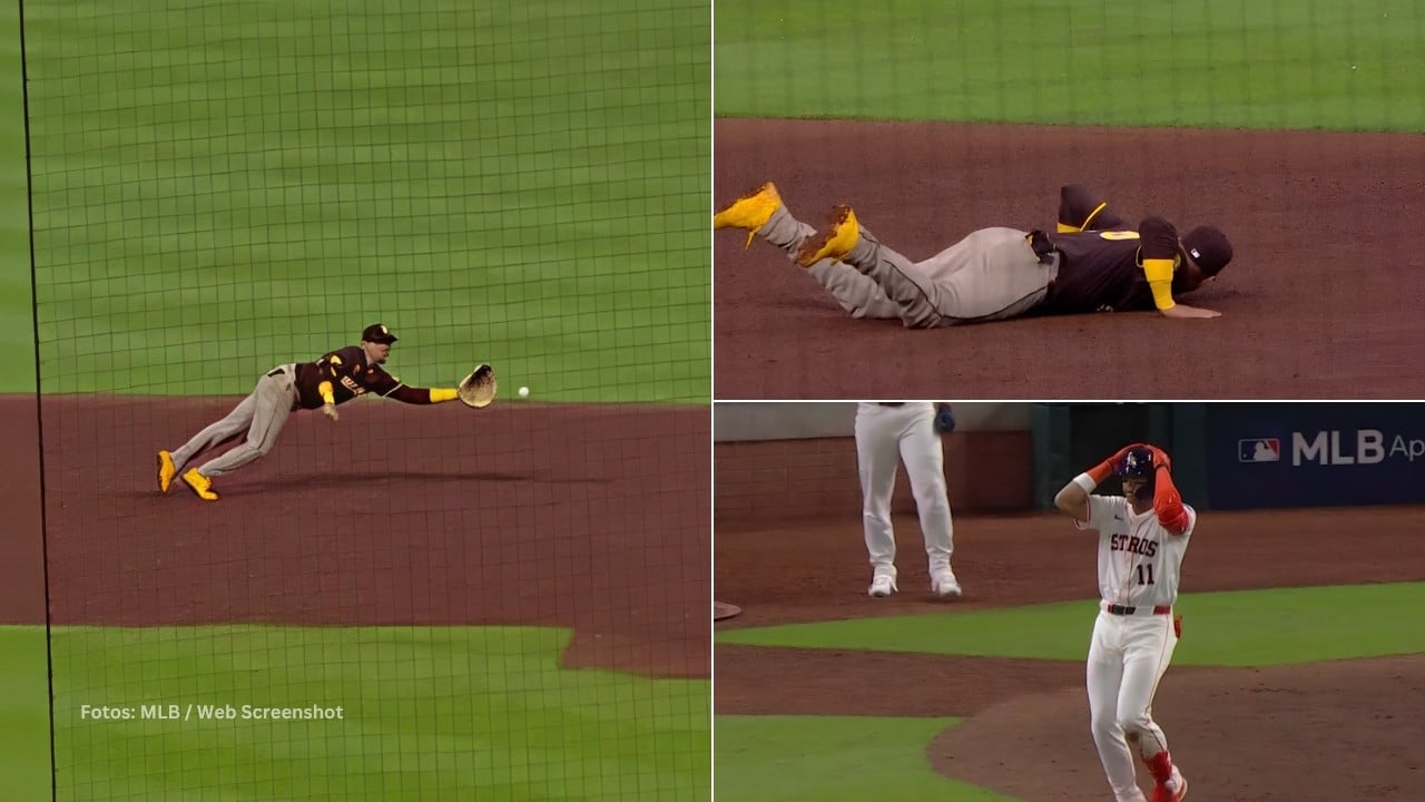 Yuli Gurriel lanzándose para atrapar la pelota y Cam Smith lamentándose