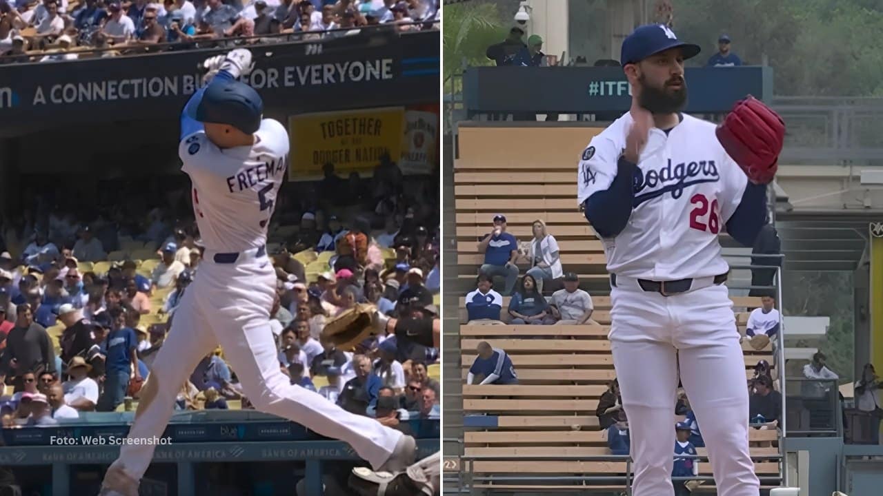 Freddie Freeman bateando un jonrón y Tony Gonsolin con Los Angeles Dodgers