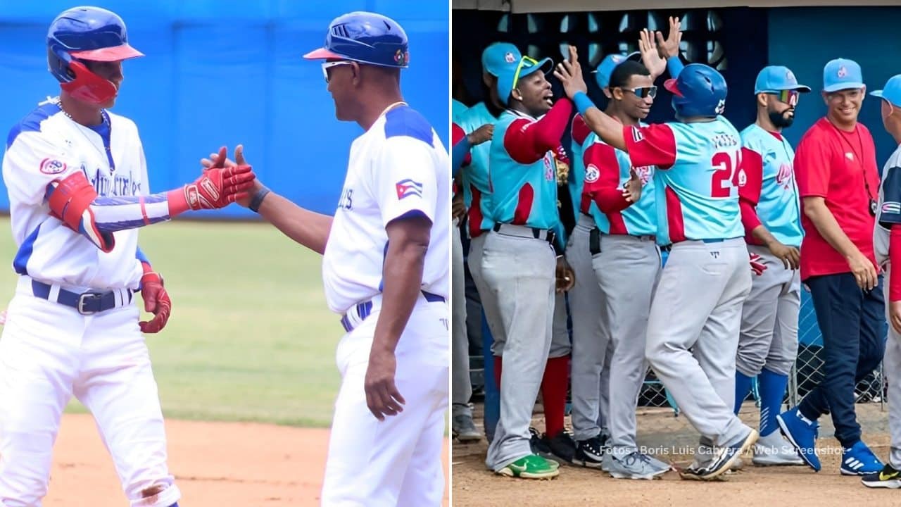 Jugadores de Industriales y de Ciego de Avila celebrando batazos productivos