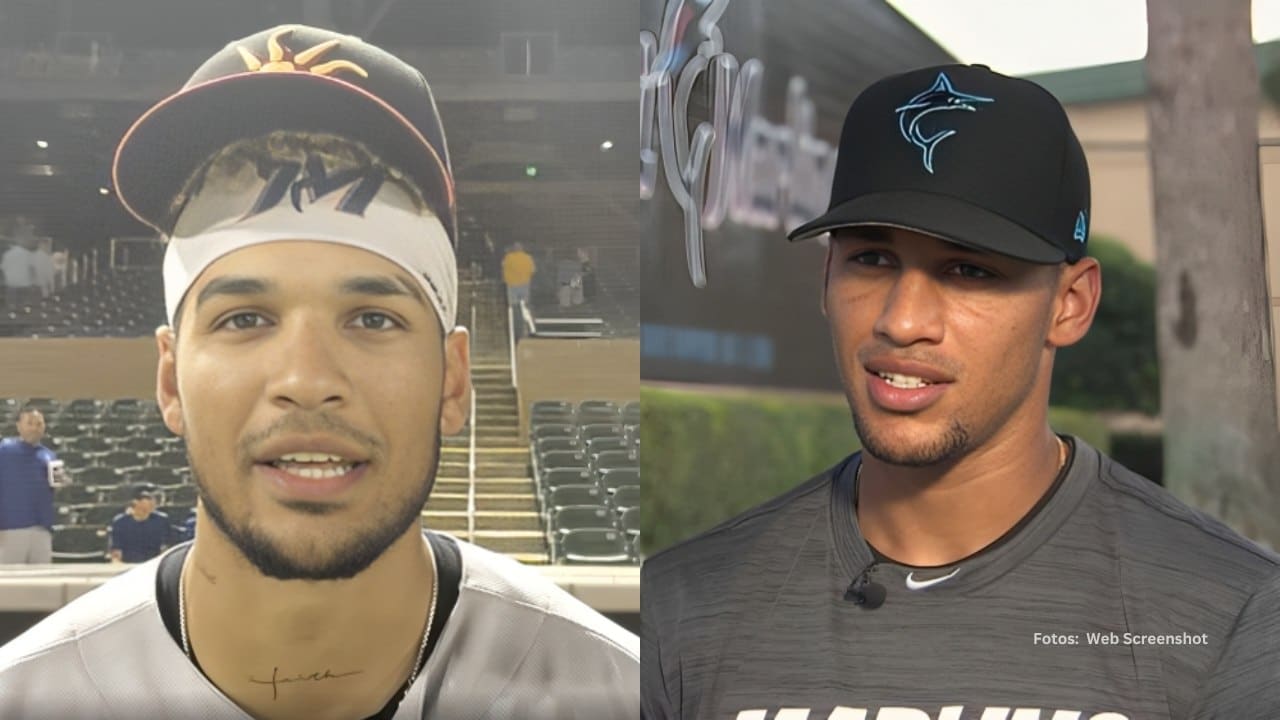 Victor Mesa Jr y Victor Victor Mesa con el uniforme de Miami Marlins