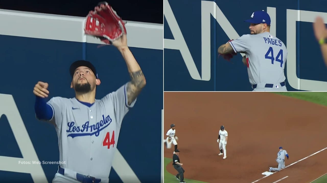 Andy Pages realizando una gran atrapada y doble play con Los Angeles Dodgers