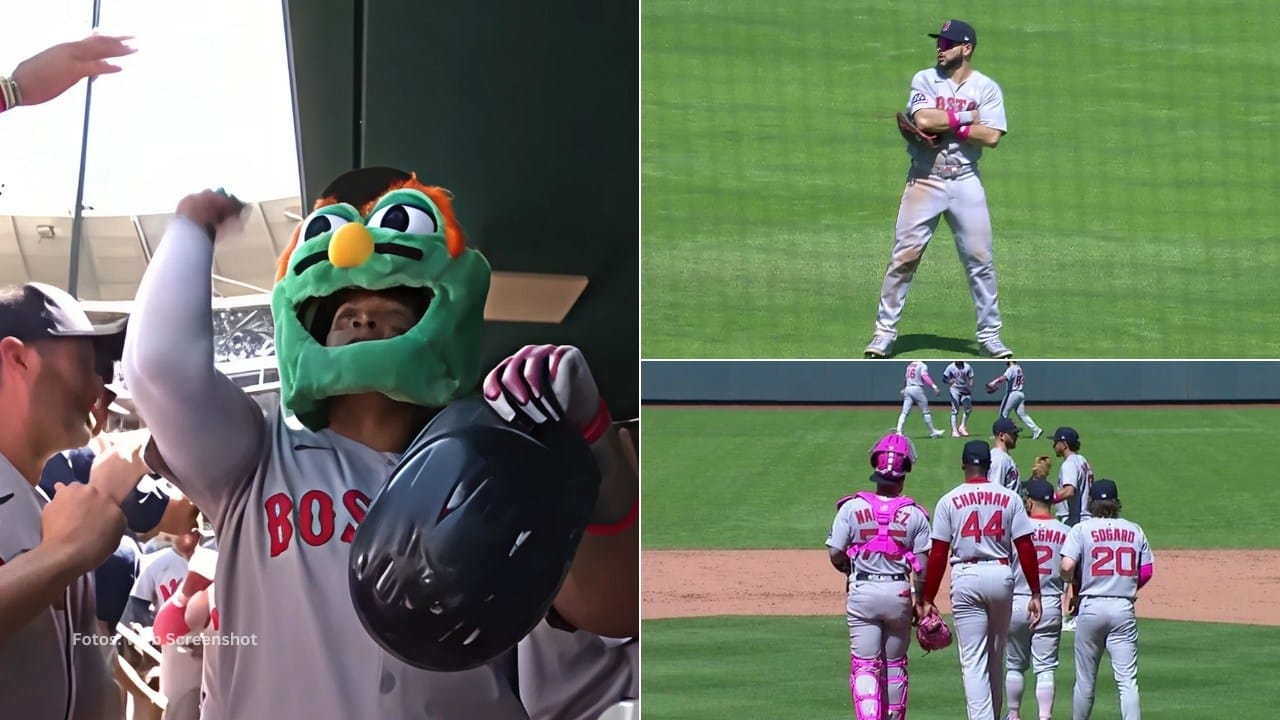 Jugadores de Boston Red Sox celebrando un cuadrangular y la victoria ante Kansas City Royals