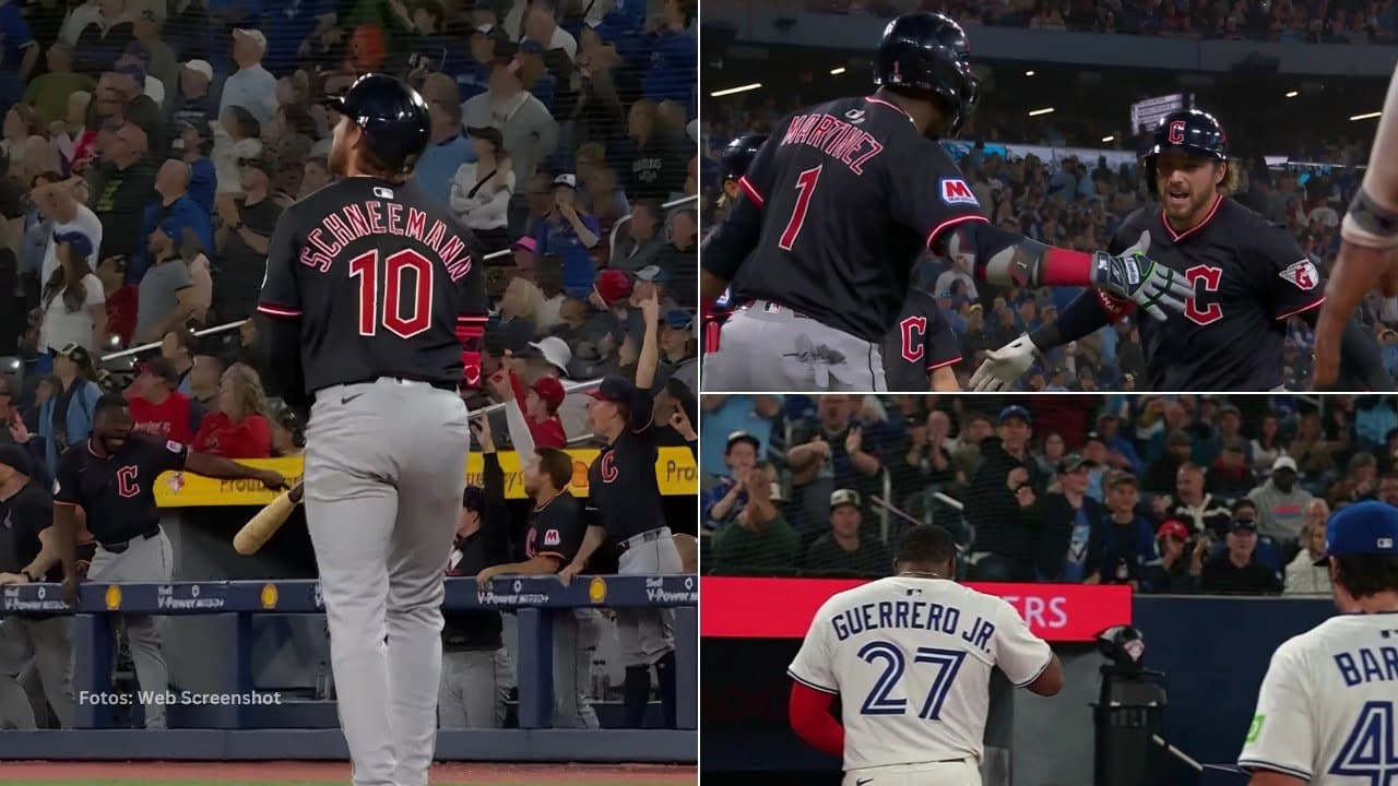 Daniel Schneemann conectando y celebrando un Grand Slam y Vladimir Guerrero yendo al dugout