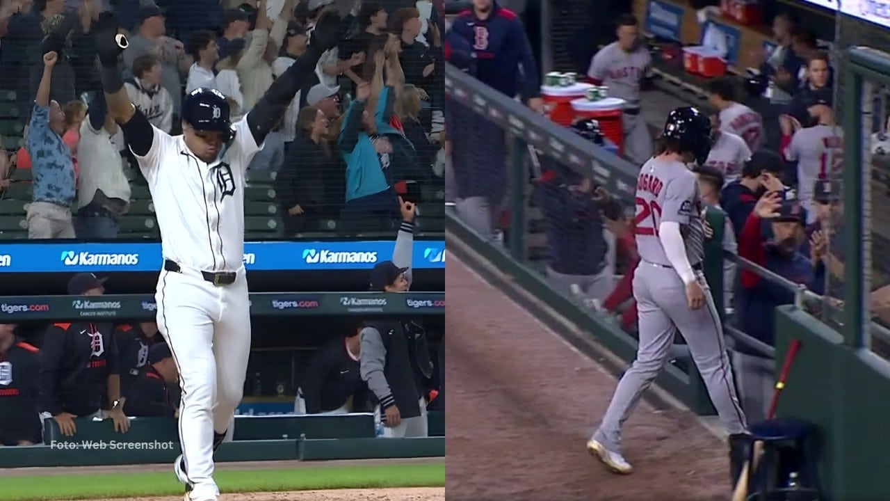 Javier Baez celebra cuadrangular con Detroit Tigers y jugadores de Boston se retiran hacia el dugout