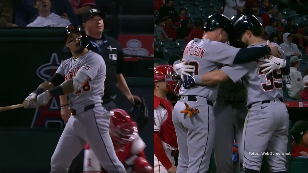 Javier Báez conectando cuadrangular y jugadores de Detroit Tigers y jugadores celebrando