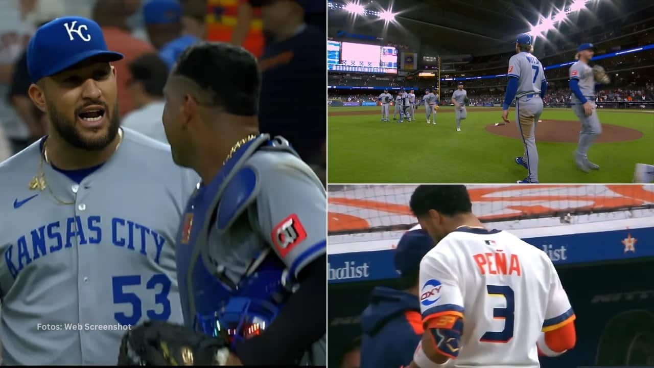 Jugadores de Kansas City Royals celebrando la victoria y Jeremy Peña retirándose hacia el dugout