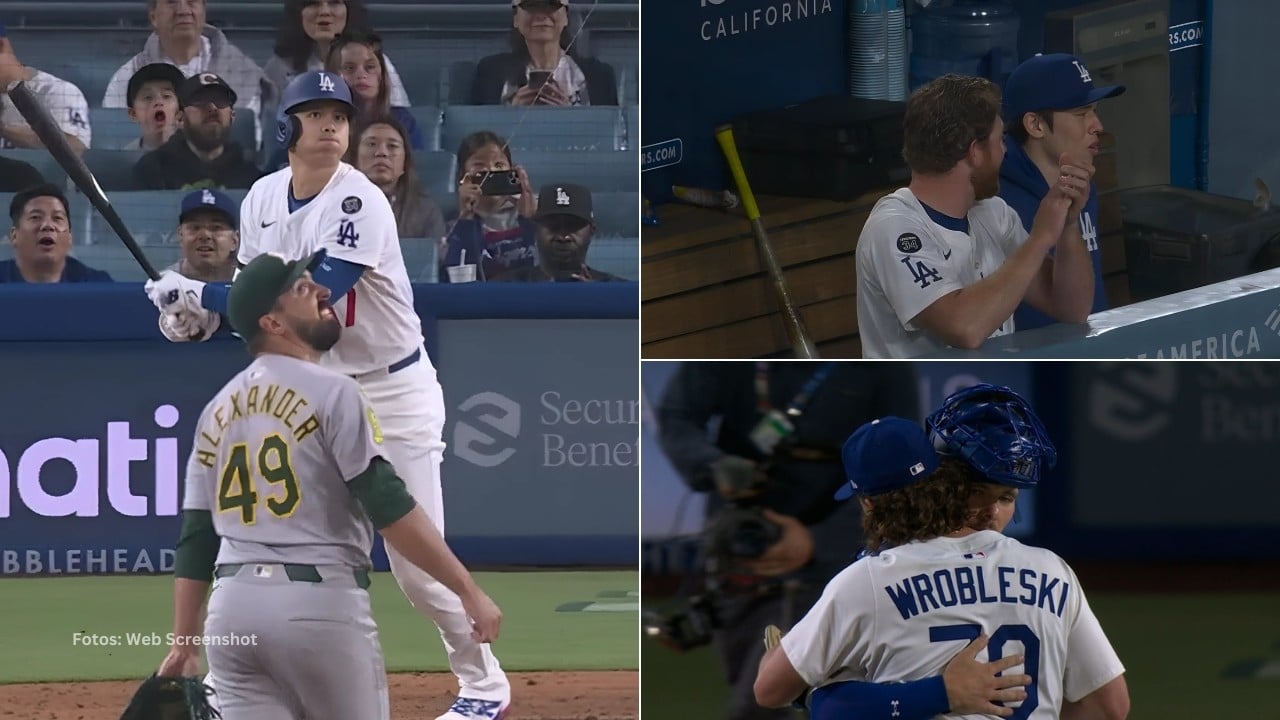 Shohei Ohtani bateando ante Athletics y los jugadores de Los Angeles Dodgers celebran
