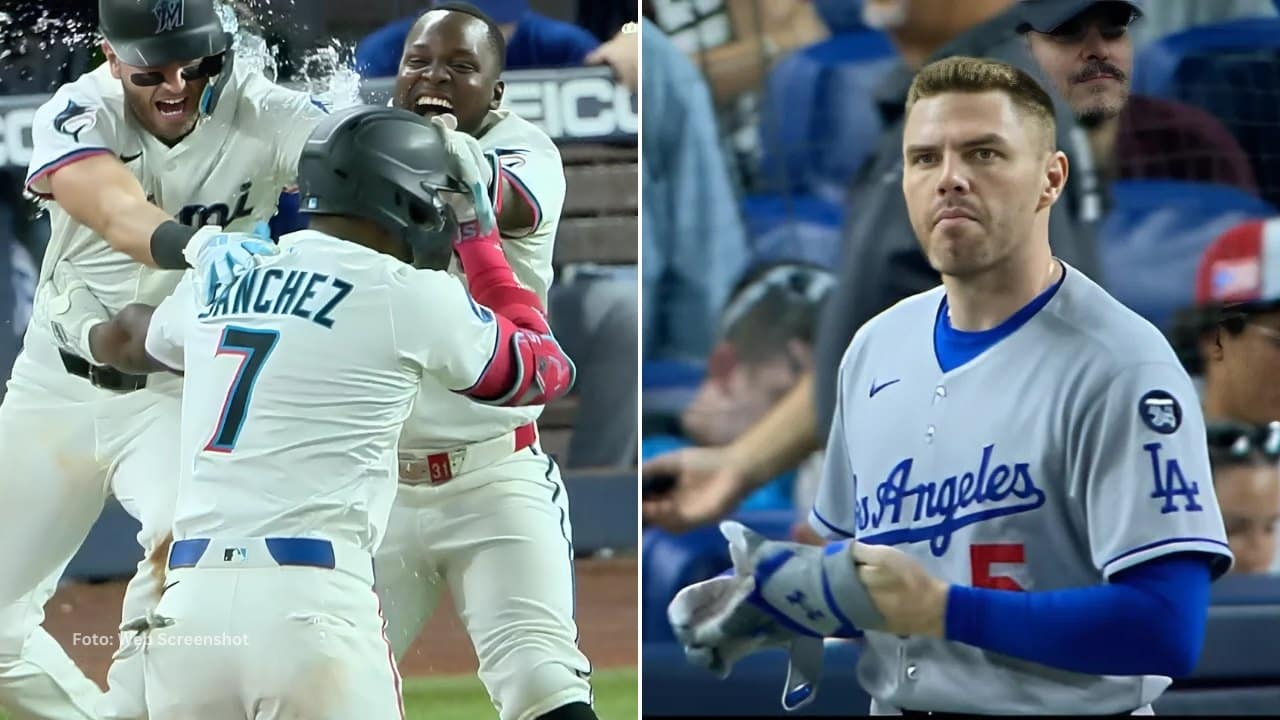 Jesús Sanchez celebra el batazo ganador con sus compañeros de Miami Marlins y Freddie Freeman con Los Angeles Dodgers