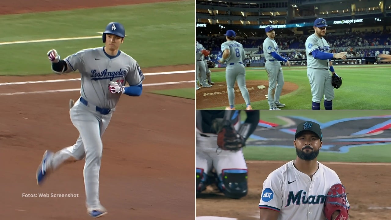 Shohei Ohtani recorriendo las bases, jugadores de Los Angeles Dodgers celebran y Sandy Alcantara con Miami Marlins