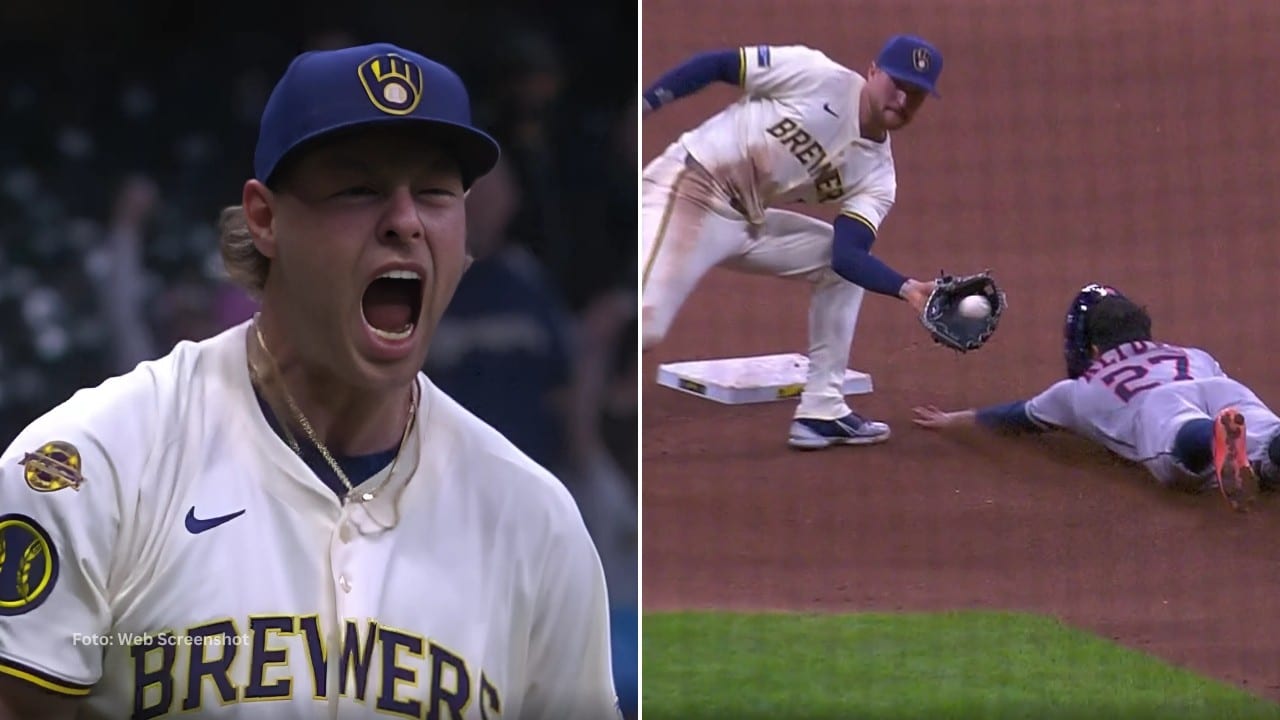 Trevor Magil gritanto un ponche y Jose Altuve puesto out en segunda