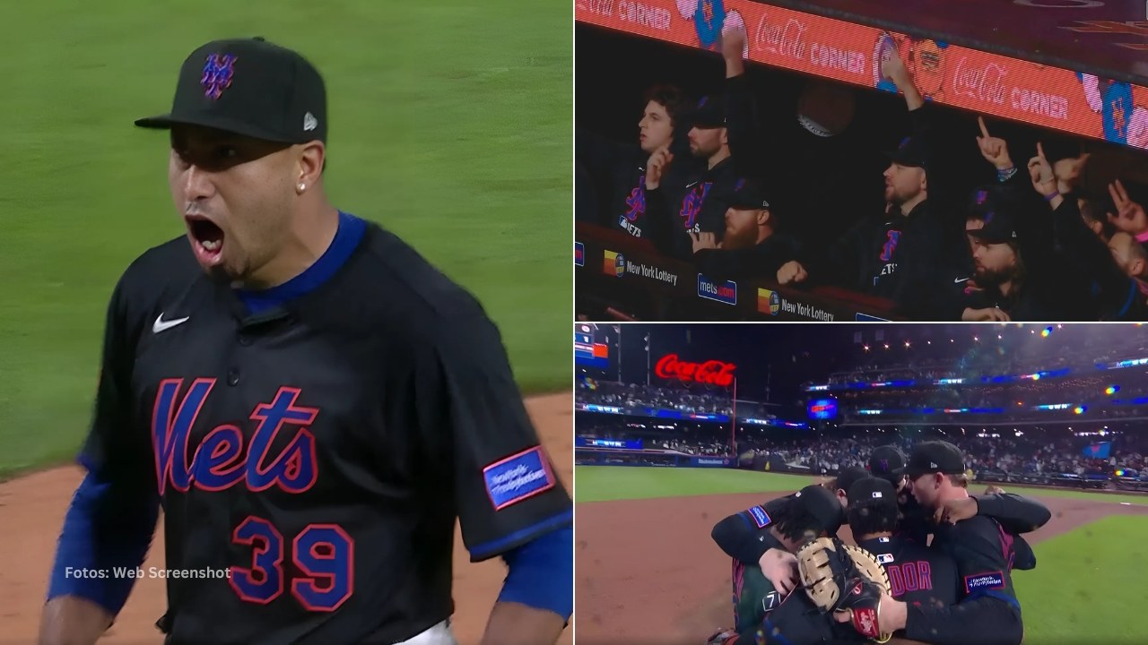 Edwin Diaz celebra el ultimo out y jugadores de New York Mets se abrazan tras conseguir la victoria