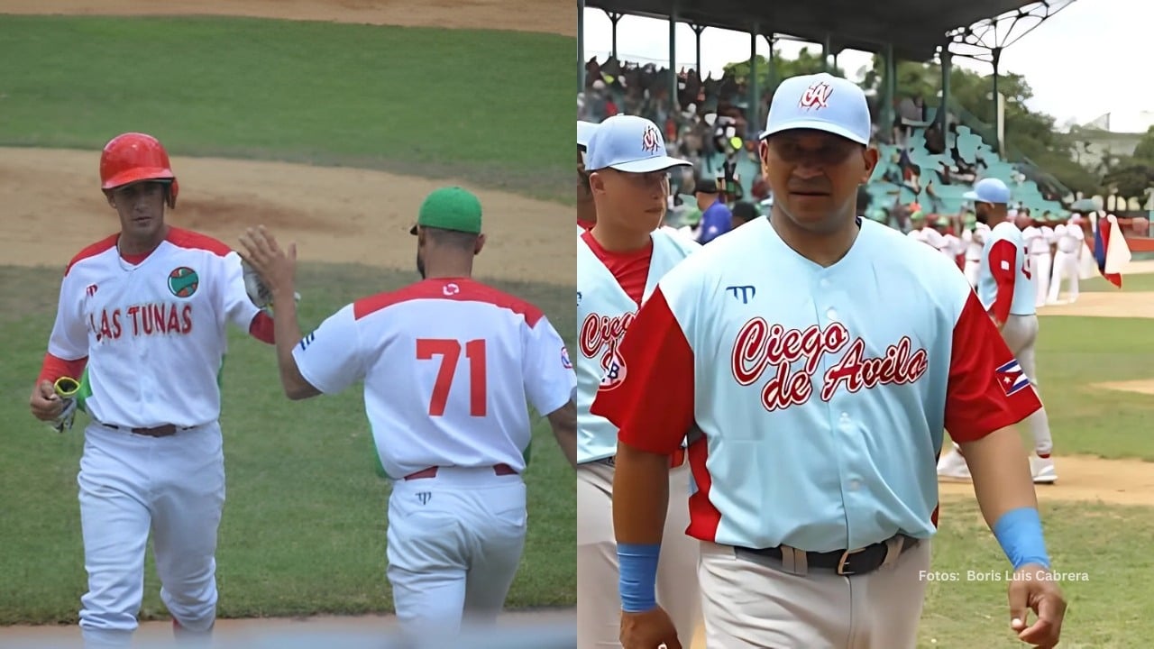 Jugadores de Las Tunas celebrando y Frederich Cepeda con Ciego de Ávila