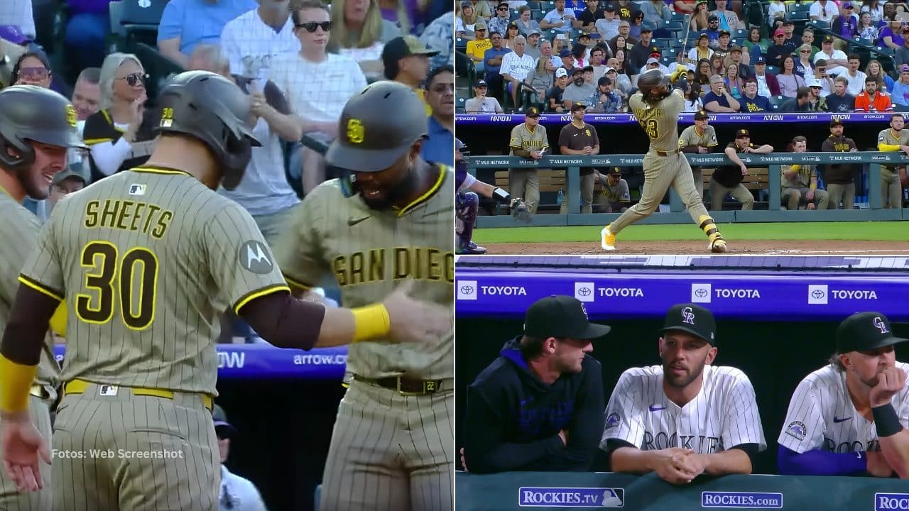 Jayson Heyward celebrando un cuadrangular, Fernando Tatis jr. bateando con San Diego Padres y jugadores de Colorado Rockies