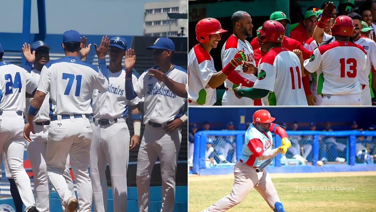 Jugadores de Industriales y Las Tunas celebrando una victoria. Liga Elite Beisbol Cubano