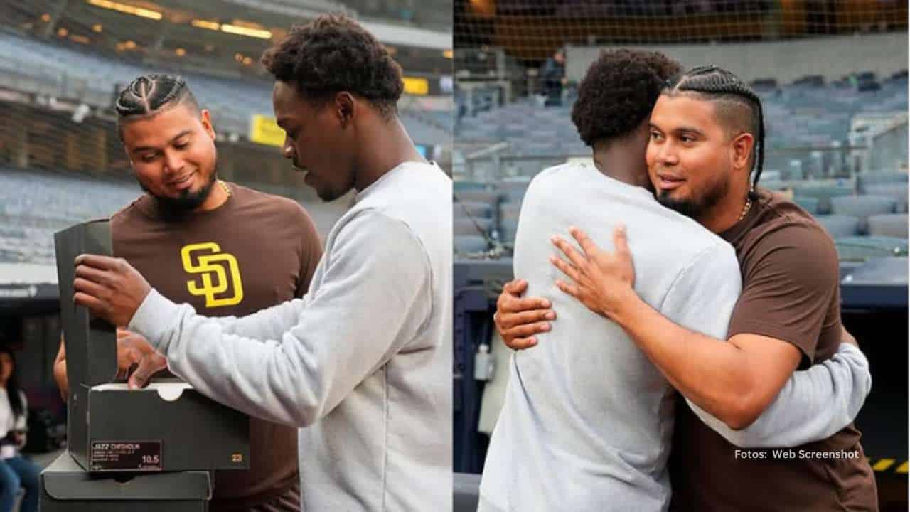 Luis Arráez, actual pelotero de Padres, y Jazz Chisholm Jr., de Yankees, compartieron un emotivo momento antes del inicio del juego.